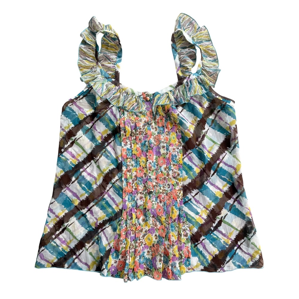Anna Sui for Anthropologie Silk Tank Top Floral Plaid Ruffle Blouse Multi Sz 10